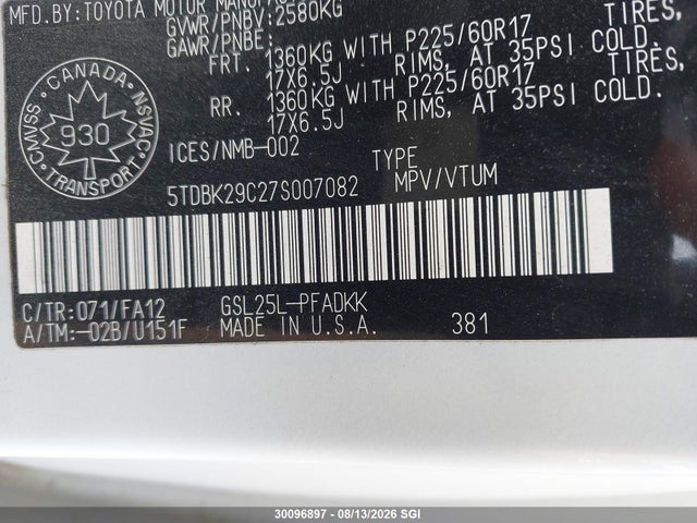 Aukcja sprzedaży 2007 Toyota Sienna Ce, vin: 5TDBK29C27S007082, numer aukcji: 30096897