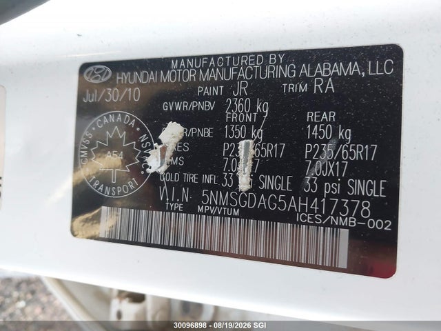 Aukcja sprzedaży 2010 Hyundai Santa Fe Gls, vin: 5NMSGDAG5AH417378, numer aukcji: 30096898