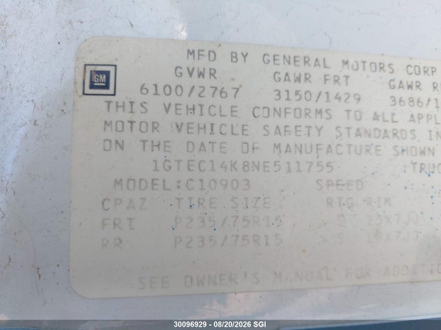 30096929 :رقم المزاد ، 1GTEC14K8NE511755 vin ، 1992 Gmc Sierra C1500 مزاد بيع