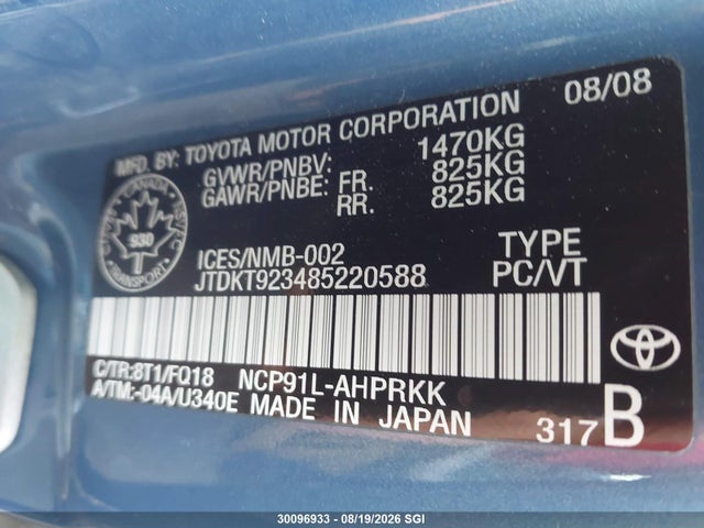 30096933 :رقم المزاد ، JTDKT923485220588 vin ، 2008 Toyota Yaris مزاد بيع