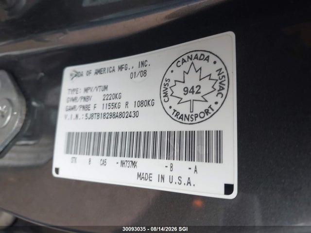 Продаж на аукціоні авто 2008 Acura Rdx, vin: 5J8TB18298A802430, номер лоту: 30093035