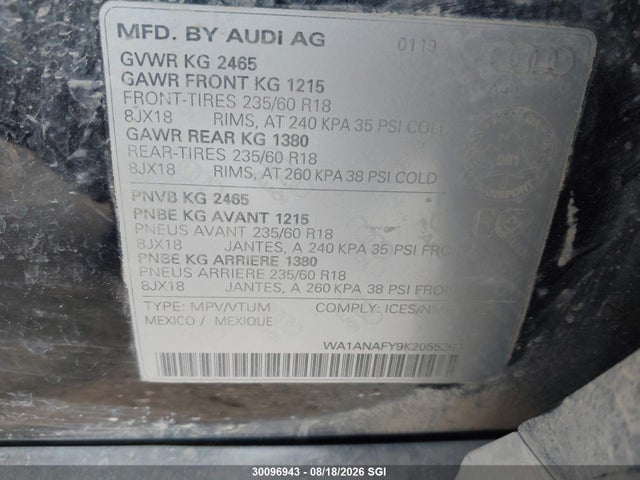 Продажа на аукционе авто 2019 Audi Q5 Premium, vin: WA1ANAFY9K2055363, номер лота: 30096943
