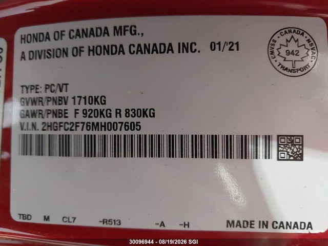 2HGFC2F76MH007605 Honda CIVIC EX