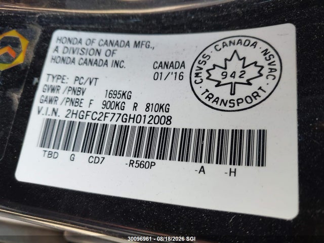 Auction sale of the 2016 Honda Civic Ex, vin: 2HGFC2F77GH012008, lot number: 30096961