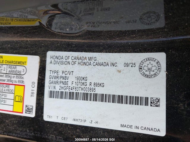 2HGFE4F83TH003895 Honda Civic Sport/sport Touring