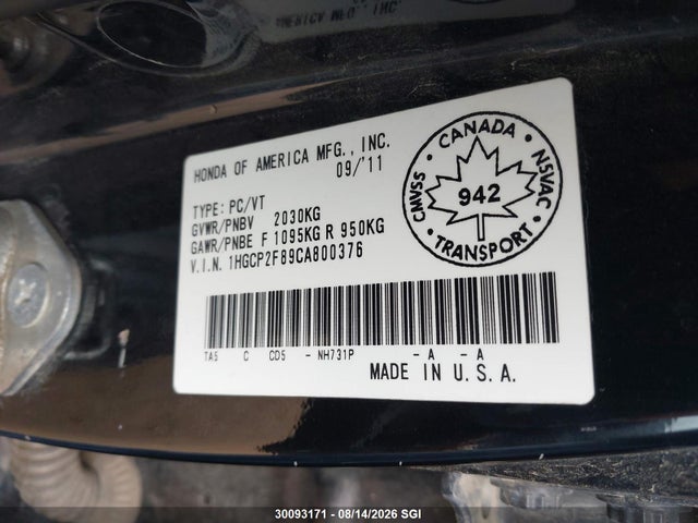 Aukcja sprzedaży 2012 Honda Accord Sedan, vin: 1HGCP2F89CA800376, numer aukcji: 30093171