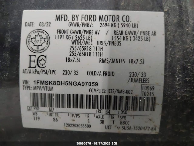 Ford EXPLORER XLT 2022 1FMSK8DH5NGA97059 Image 9