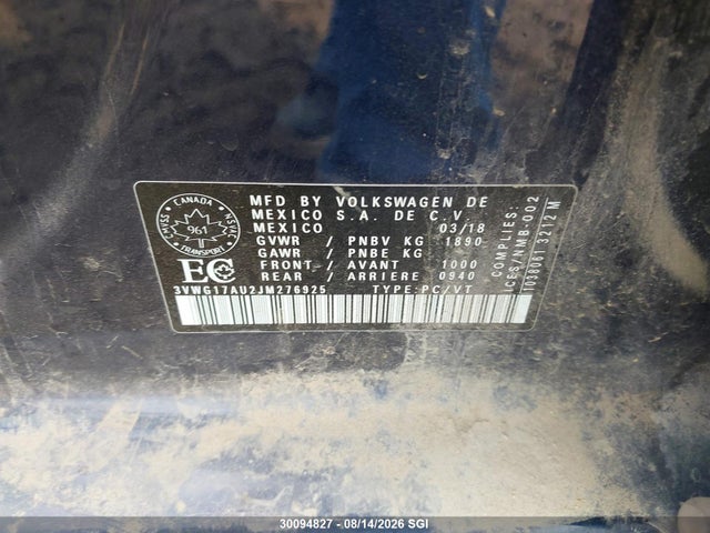 Продажа на аукционе авто 2018 Volkswagen Golf S/se, vin: 3VWG17AU2JM276925, номер лота: 30094827
