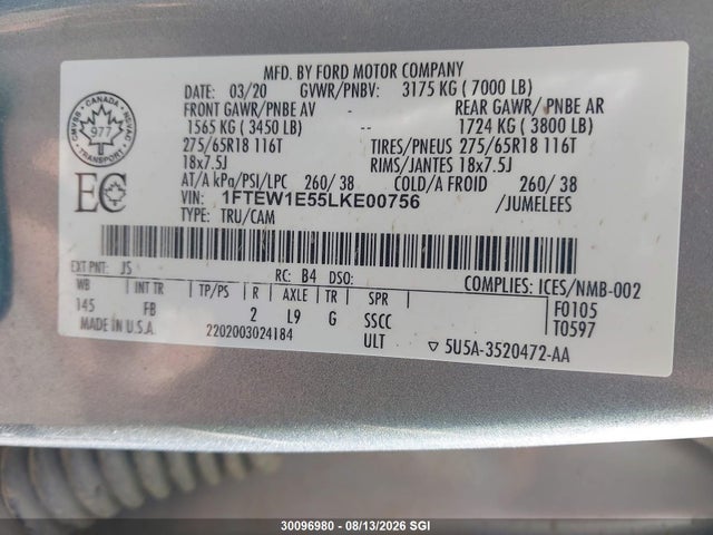 Ford F150 Supercrew 2020 1FTEW1E55LKE00756 Image 9