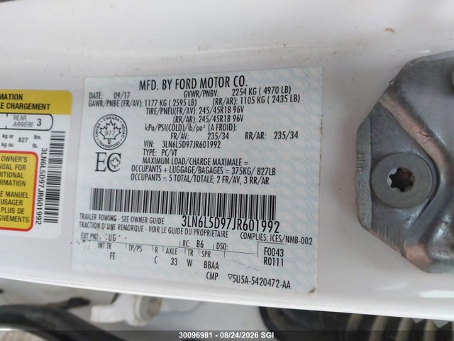 2018 Lincoln Mkz Select მანქანა იყიდება აუქციონზე, vin: 3LN6L5D97JR601992, აუქციონის ნომერი: 30096981
