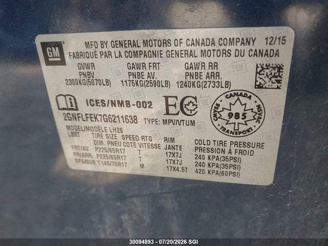 30094893 :رقم المزاد ، 2GNFLFEK7G6211638 vin ، 2016 Chevrolet Equinox Lt مزاد بيع