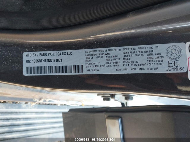 Продажа на аукционе авто 2022 Ram 1500 Limited, vin: 1C6SRFHT0NN191033, номер лота: 30096983