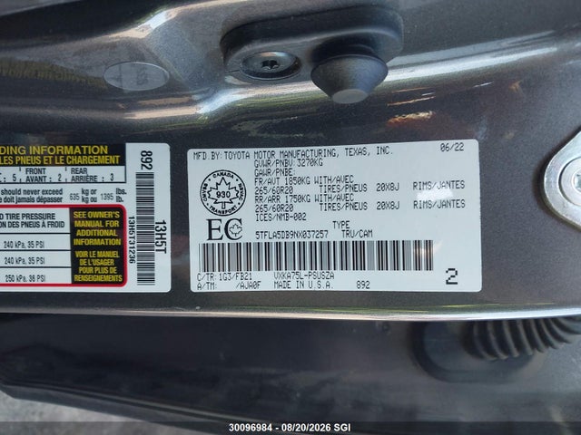 Aukcja sprzedaży 2022 Toyota Tundra Crewmax Sr/crewmax Sr5, vin: 5TFLA5DB9NX037257, numer aukcji: 30096984