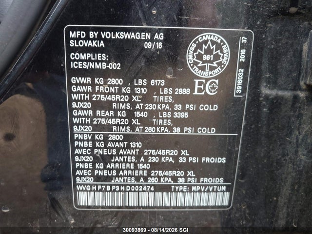 Продажа на аукционе авто 2017 Volkswagen Touareg Execline W/ R-line, vin: WVGHF7BP3HD002474, номер лота: 30093869
