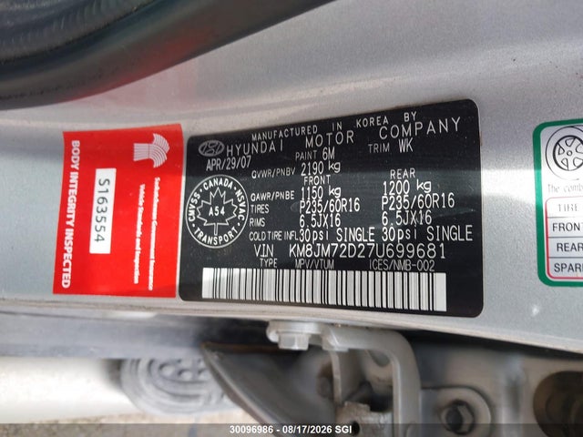 2007 Hyundai Tucson მანქანა იყიდება აუქციონზე, vin: KM8JM72D27U699681, აუქციონის ნომერი: 30096986