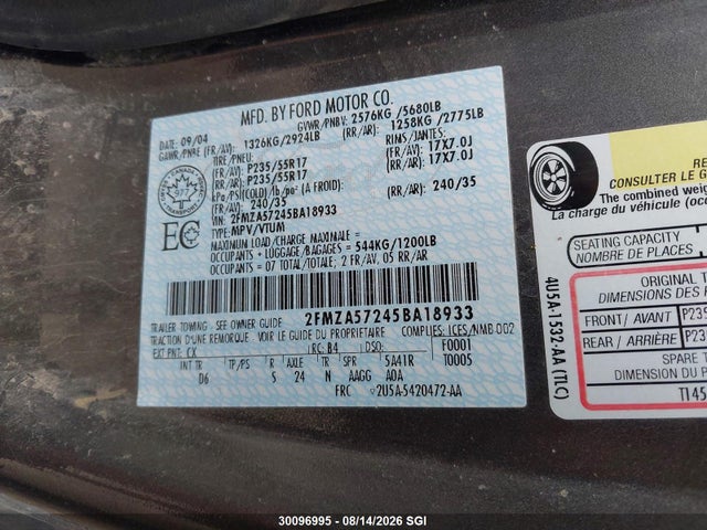 Aukcja sprzedaży 2005 Ford Freestar Ses, vin: 2FMZA57245BA18933, numer aukcji: 30096995