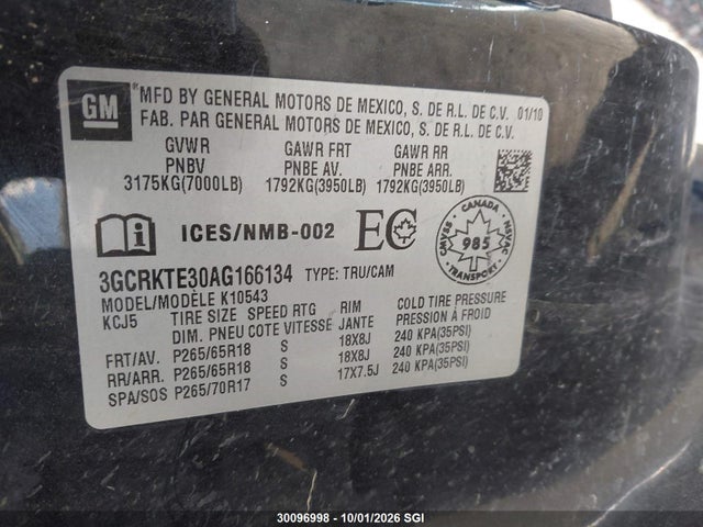 2010 Chevrolet Silverado K1500 Ltz მანქანა იყიდება აუქციონზე, vin: 3GCRKTE30AG166134, აუქციონის ნომერი: 30096998
