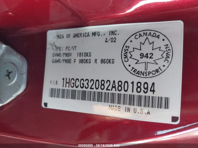 Продаж на аукціоні авто 2002 Honda Accord Se, vin: 1HGCG32082A801894, номер лоту: 30096999