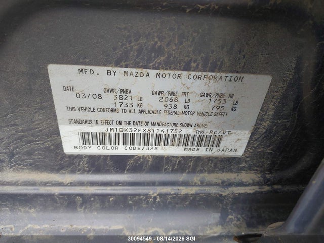 30094549 :رقم المزاد ، JM1BK32FX81141752 vin ، 2008 Mazda 3 I مزاد بيع