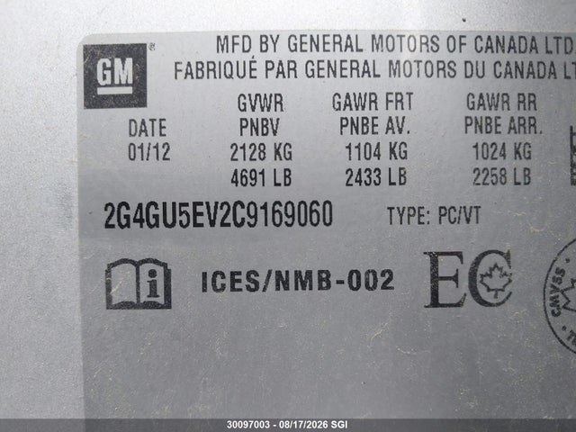 30097003 :رقم المزاد ، 2G4GU5EV2C9169060 vin ، 2012 Buick Regal Premium مزاد بيع