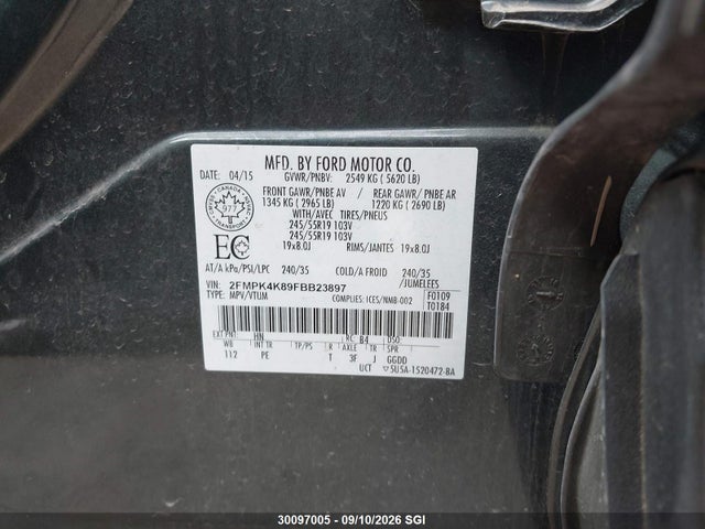 30097005 :رقم المزاد ، 2FMPK4K89FBB23897 vin ، 2015 Ford Edge Titanium مزاد بيع