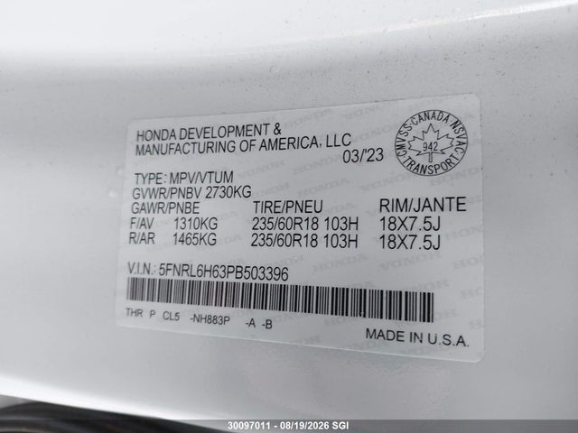 Aukcja sprzedaży 2023 Honda Odyssey Exl, vin: 5FNRL6H63PB503396, numer aukcji: 30097011