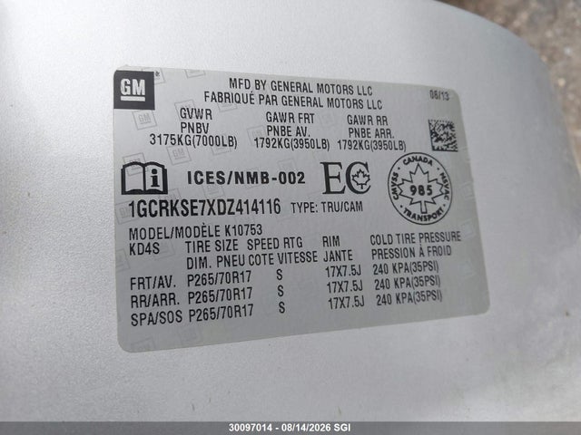 Продаж на аукціоні авто 2013 Chevrolet Silverado K1500 Lt, vin: 1GCRKSE7XDZ414116, номер лоту: 30097014
