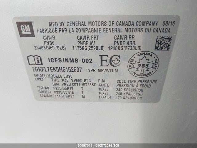 30097018 :رقم المزاد ، 2GKFLTEK5H6152697 vin ، 2017 Gmc Terrain Sle مزاد بيع