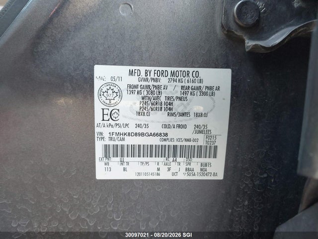 2011 Ford Explorer Xlt მანქანა იყიდება აუქციონზე, vin: 1FMHK8D89BGA66838, აუქციონის ნომერი: 30097021