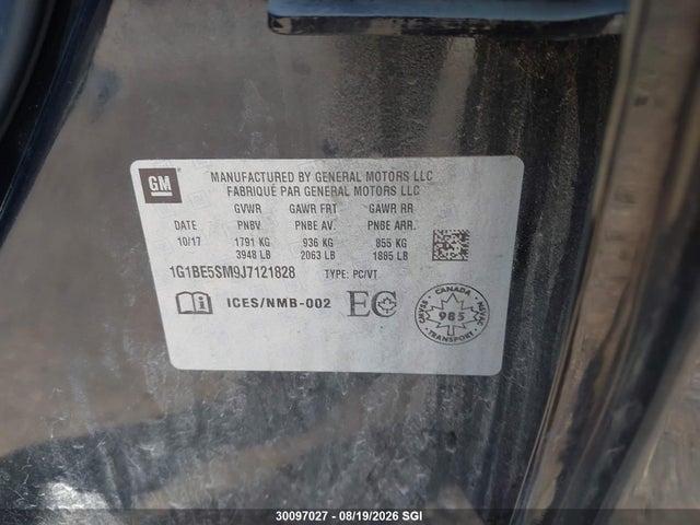 Продаж на аукціоні авто 2018 Chevrolet Cruze Lt, vin: 1G1BE5SM9J7121828, номер лоту: 30097027
