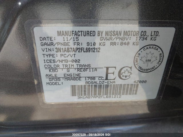 3N1AB7AP2FL691212 Nissan Sentra S/sv/sr/sl