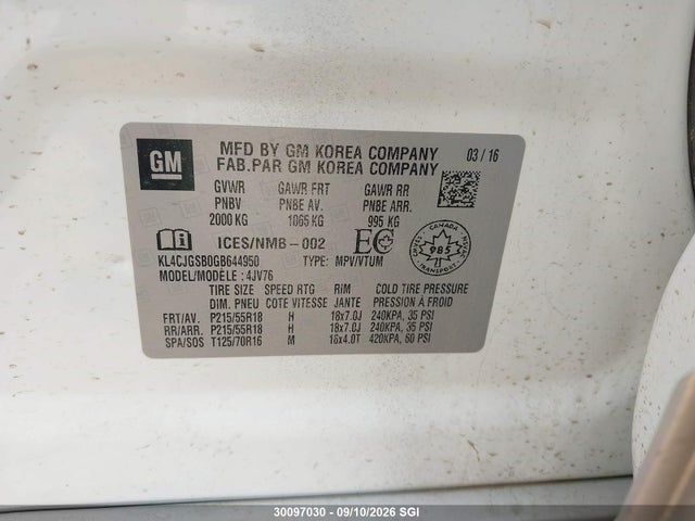 2016 Buick Encore მანქანა იყიდება აუქციონზე, vin: KL4CJGSB0GB644950, აუქციონის ნომერი: 30097030