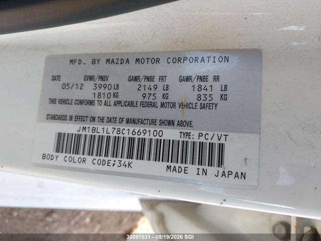 Aukcja sprzedaży 2012 Mazda 3 I, vin: JM1BL1L78C1669100, numer aukcji: 30097031