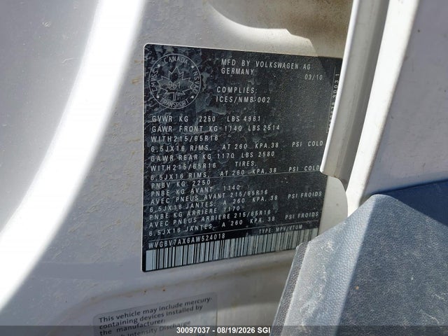 30097037 :رقم المزاد ، WVGBV7AX6AW524018 vin ، 2010 Volkswagen Tiguan Se/sel مزاد بيع