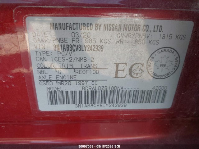 Nissan SENTRA SV 2020 3N1AB8CV8LY242939 Image 9