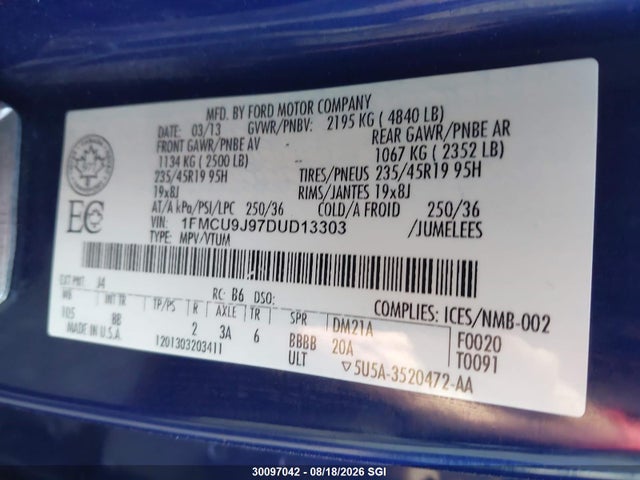 Продаж на аукціоні авто 2013 Ford Escape Titanium, vin: 1FMCU9J97DUD13303, номер лоту: 30097042