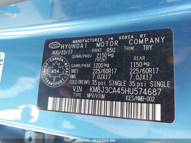 2017 Hyundai Tucson Limited/sport And Eco/se მანქანა იყიდება აუქციონზე, vin: KM8J3CA45HU574687, აუქციონის ნომერი: 30097055