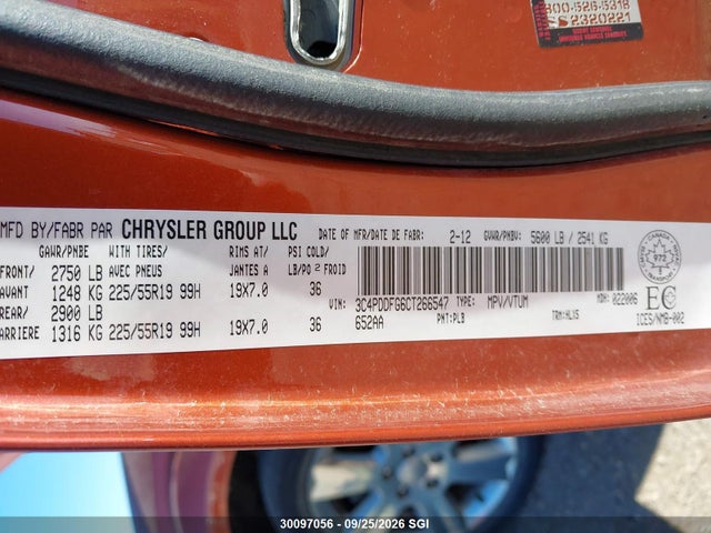 Aukcja sprzedaży 2012 Dodge Journey R/t, vin: 3C4PDDFG6CT266547, numer aukcji: 30097056