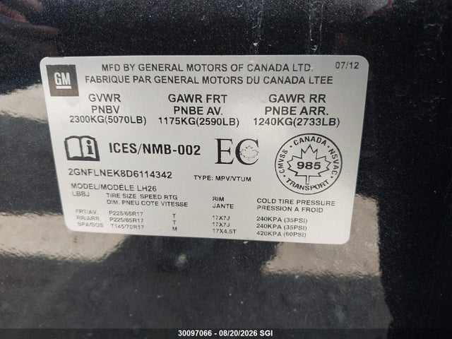 2013 Chevrolet Equinox Lt მანქანა იყიდება აუქციონზე, vin: 2GNFLNEK8D6114342, აუქციონის ნომერი: 30097066