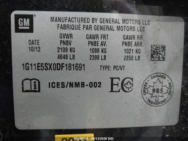 30096555 :رقم المزاد ، 1G11E5SX0DF181691 vin ، 2013 Chevrolet Malibu 2lt مزاد بيع