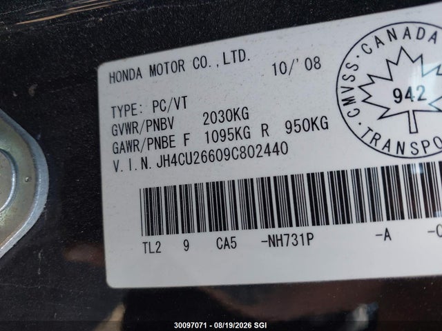 30097071 :رقم المزاد ، JH4CU26609C802440 vin ، 2009 Acura Tsx مزاد بيع