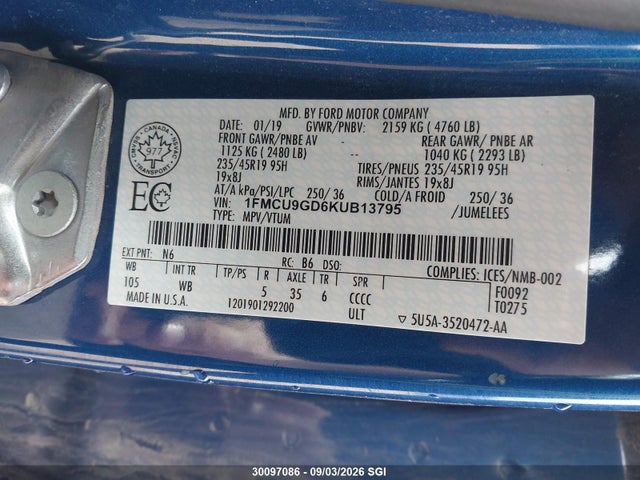 Aukcja sprzedaży 2019 Ford Escape Se, vin: 1FMCU9GD6KUB13795, numer aukcji: 30097086