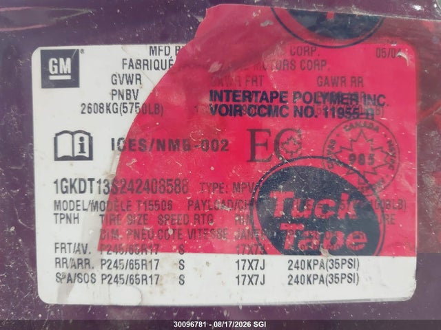 Aukcja sprzedaży 2004 Gmc Envoy, vin: 1GKDT13S242408588, numer aukcji: 30096781