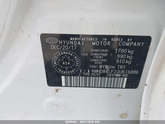 2018 Hyundai Elantra Sel/value/limited მანქანა იყიდება აუქციონზე, vin: KMHD84LF2JU616886, აუქციონის ნომერი: 30096461