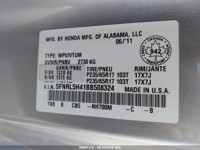 Aukcja sprzedaży 2011 Honda Odyssey Ex, vin: 5FNRL5H41BB508324, numer aukcji: 30097114