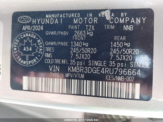 Продаж на аукціоні авто 2024 Hyundai Palisade Xrt, vin: KM8R3DGE4RU796664, номер лоту: 30094776