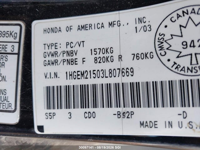 30097141 :رقم المزاد ، 1HGEM21503L807669 vin ، 2003 Honda Civic Lx مزاد بيع