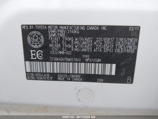 Aukcja sprzedaży 2011 Toyota Rav4 Limited, vin: 2T3DK4DV7BW051843, numer aukcji: 30097145