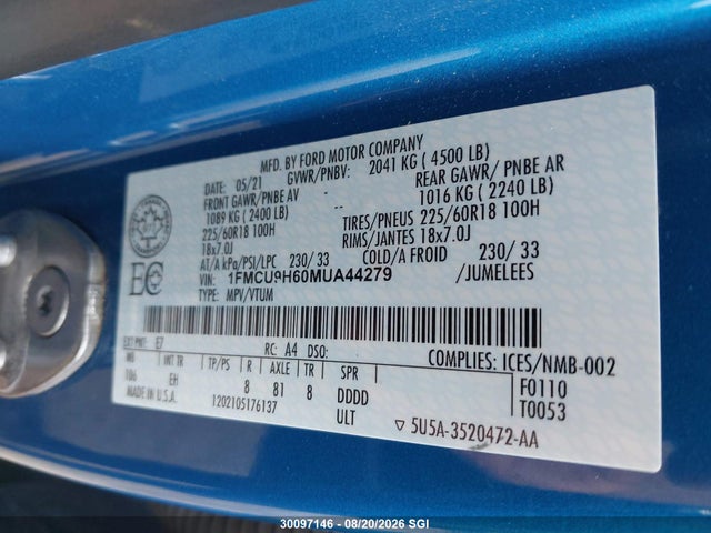 Ford ESCAPE SEL 2021 1FMCU9H60MUA44279 Image 9