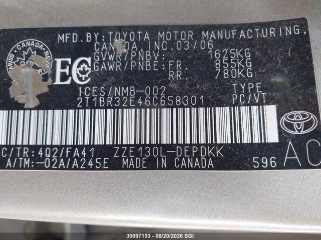 30097153 :رقم المزاد ، 2T1BR32E46C658301 vin ، 2006 Toyota Corolla Ce/le/s مزاد بيع